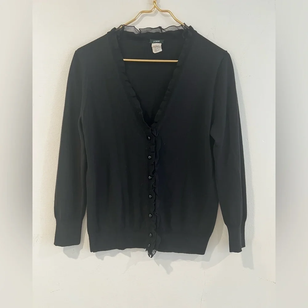 J Crew women's cardigan black, ruffled collar, 100 % merino wool button-down, M